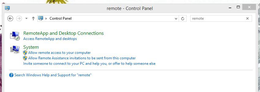 Control Panel search for