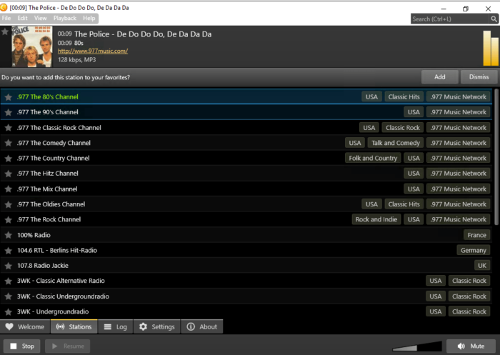 Screen shot of screamerradio available channels example