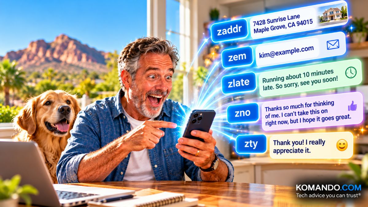 Stop typing your address, email and “running late” text over and over. Five free shortcuts give you back an hour every week.